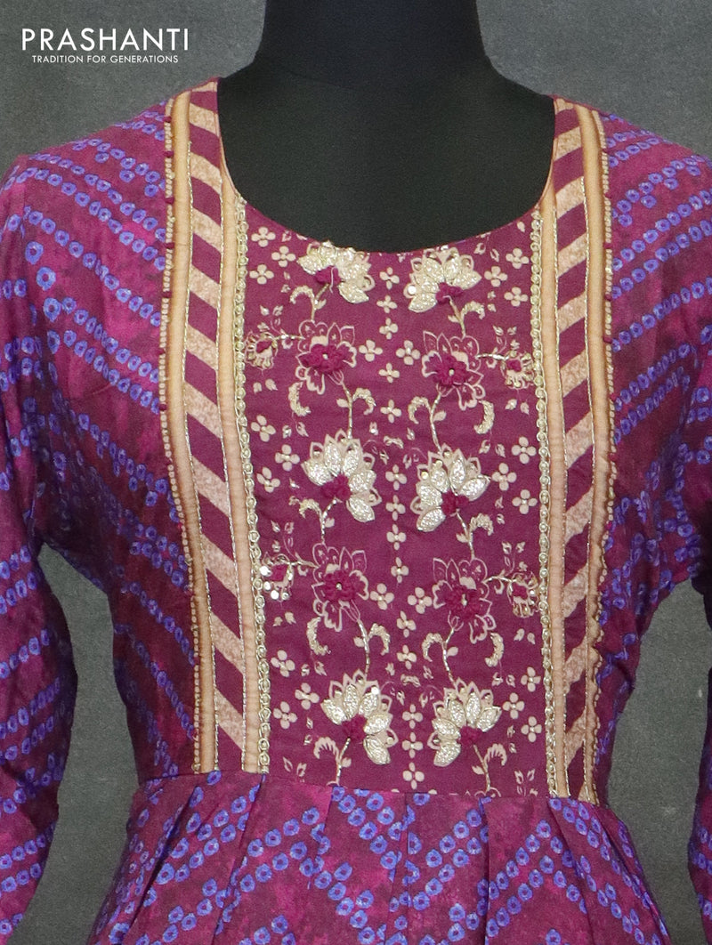 Muslin readymade umberlla kurti purple shade with allover prints & beaded neck pattern