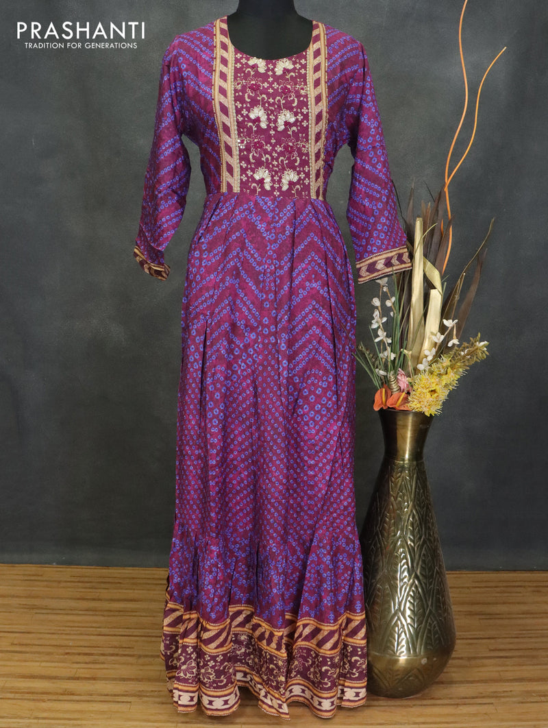 Muslin readymade umberlla kurti purple shade with allover prints & beaded neck pattern