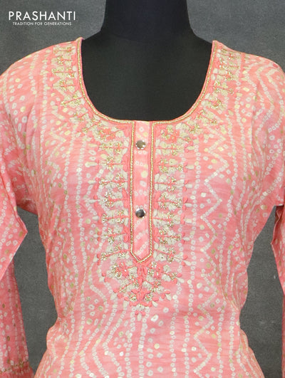Modal readymade kurti peach pink with allover bandhani prints & embroidery neck pattern