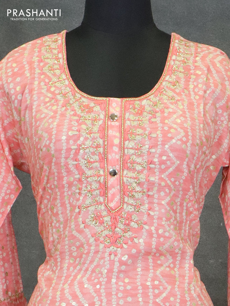 Modal readymade kurti peach pink with allover bandhani prints & embroidery neck pattern