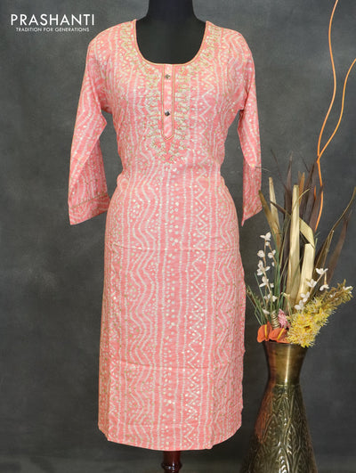 Modal readymade kurti peach pink with allover bandhani prints & embroidery neck pattern