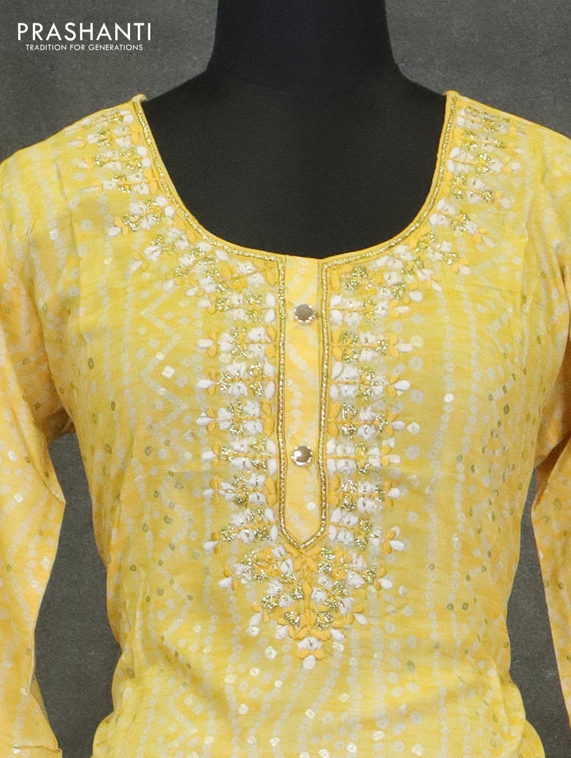 Modal readymade kurti yellow with allover bandhani prints & embroidery neck pattern