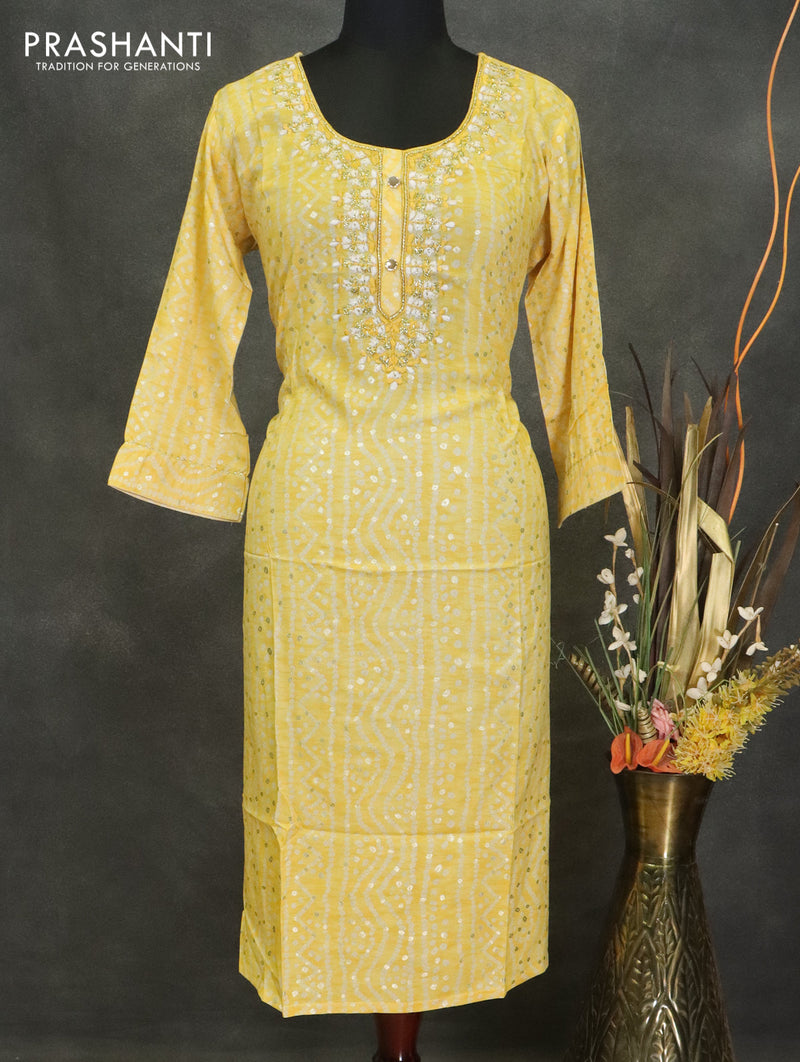 Modal readymade kurti yellow with allover bandhani prints & embroidery neck pattern