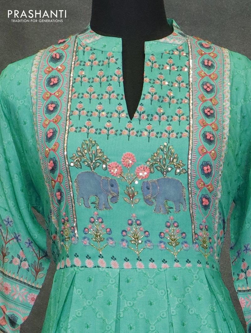 Muslin readymade umberlla kurti teal green with allover floral prints & chamki neck pattern