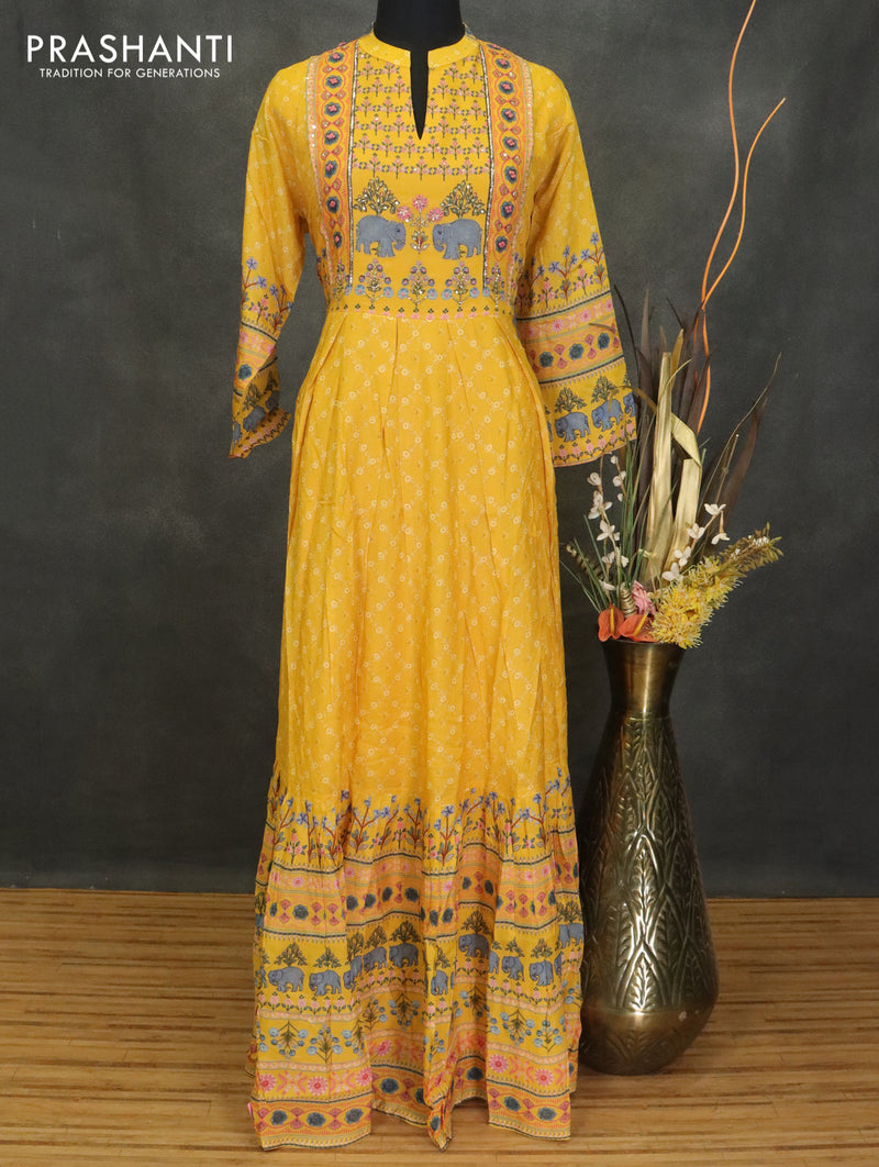 Muslin readymade umberlla kurti yellow with allover floral prints & chamki neck pattern