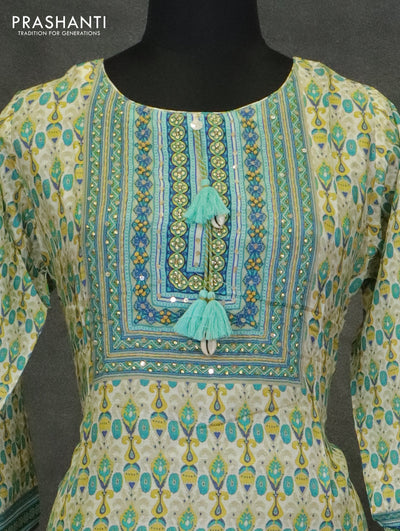 Muslin readymade kurti beige and teal green shade with allover prints & chamki neck pattern