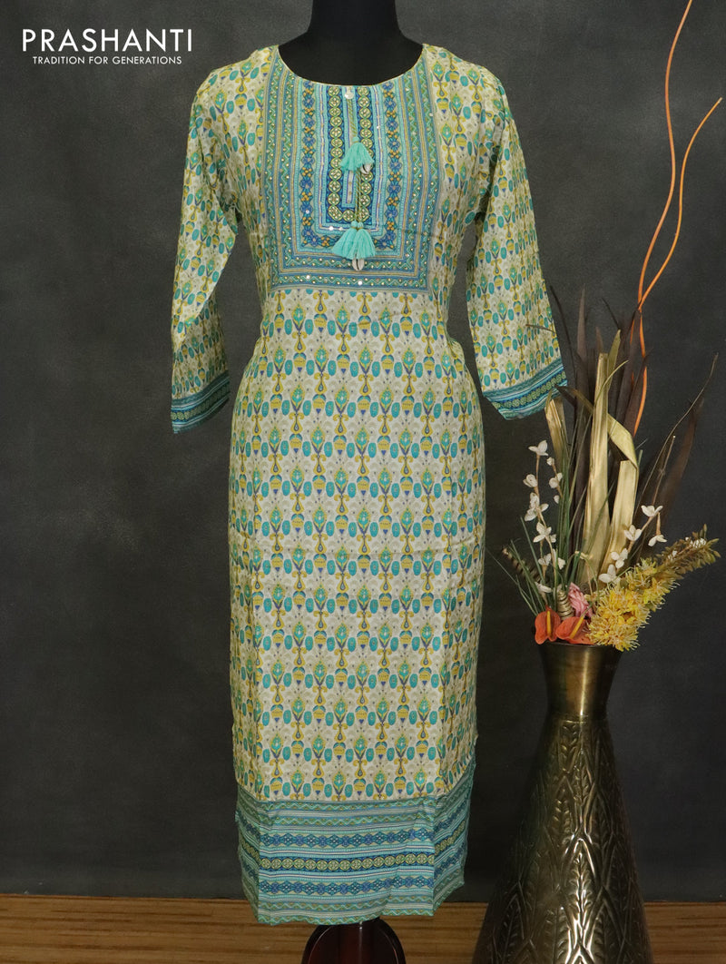 Muslin readymade kurti beige and teal green shade with allover prints & chamki neck pattern
