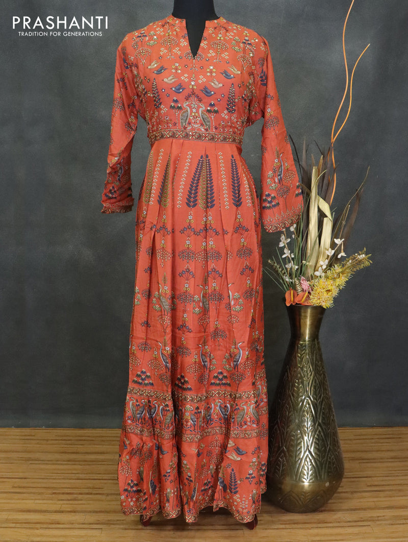 Muslin readymade umberlla kurti rustic orange with allover prints & chamki beaded neck pattern