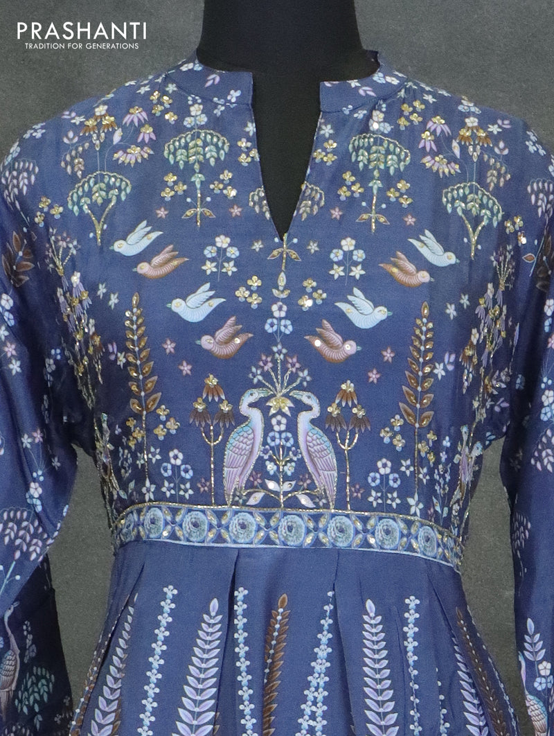 Muslin readymade umberlla kurti blue with allover prints & chamki beaded neck pattern