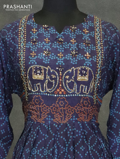 Muslin readymade umberlla kurti navy blue with allover bandhani prints & chamki neck pattern