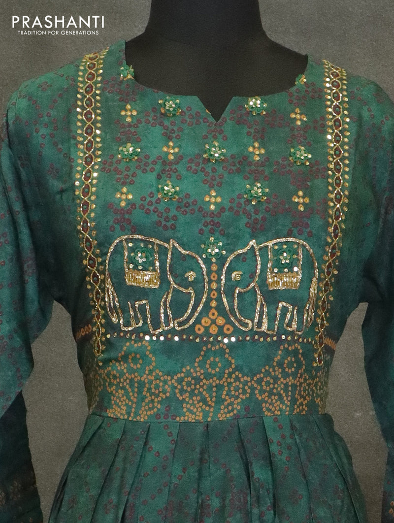Muslin readymade umberlla kurti green with allover bandhani prints & chamki neck pattern