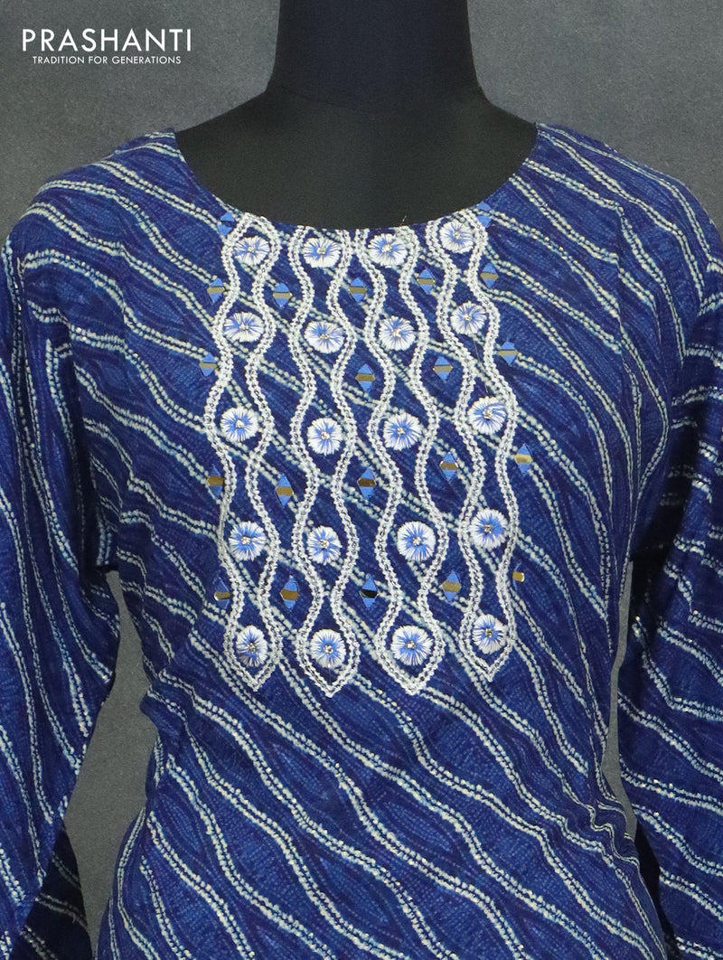 Modal readymade kurti indigo blue with allover bandhani prints & mirror neck pattern