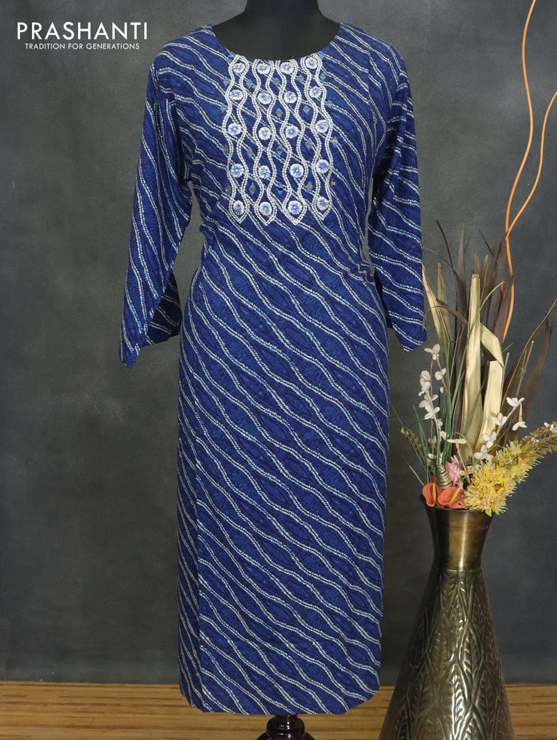 Modal readymade kurti indigo blue with allover bandhani prints & mirror neck pattern