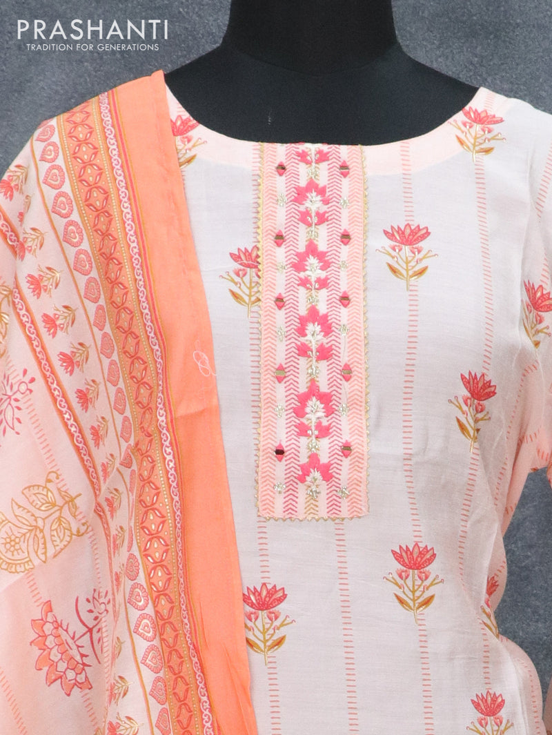 Pure muslin readymade kurti peach pink with floral prints & embroided gotapatti lace neck pattern and straight cut pant & dupatta