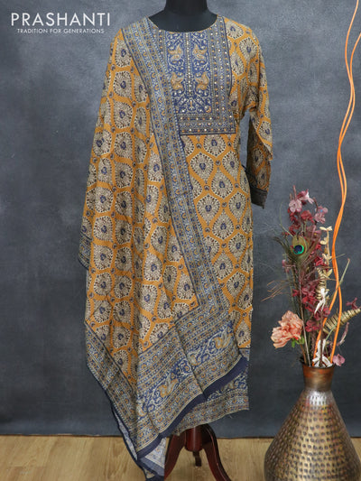 Pure muslin readymade kurti mustard and blue with allover butta prints and straight cut pant & dupatta