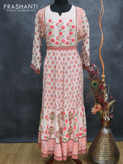Pure muslin readymade umbrella kurti peach shade with allover prints & embroidery neck pattern without pant