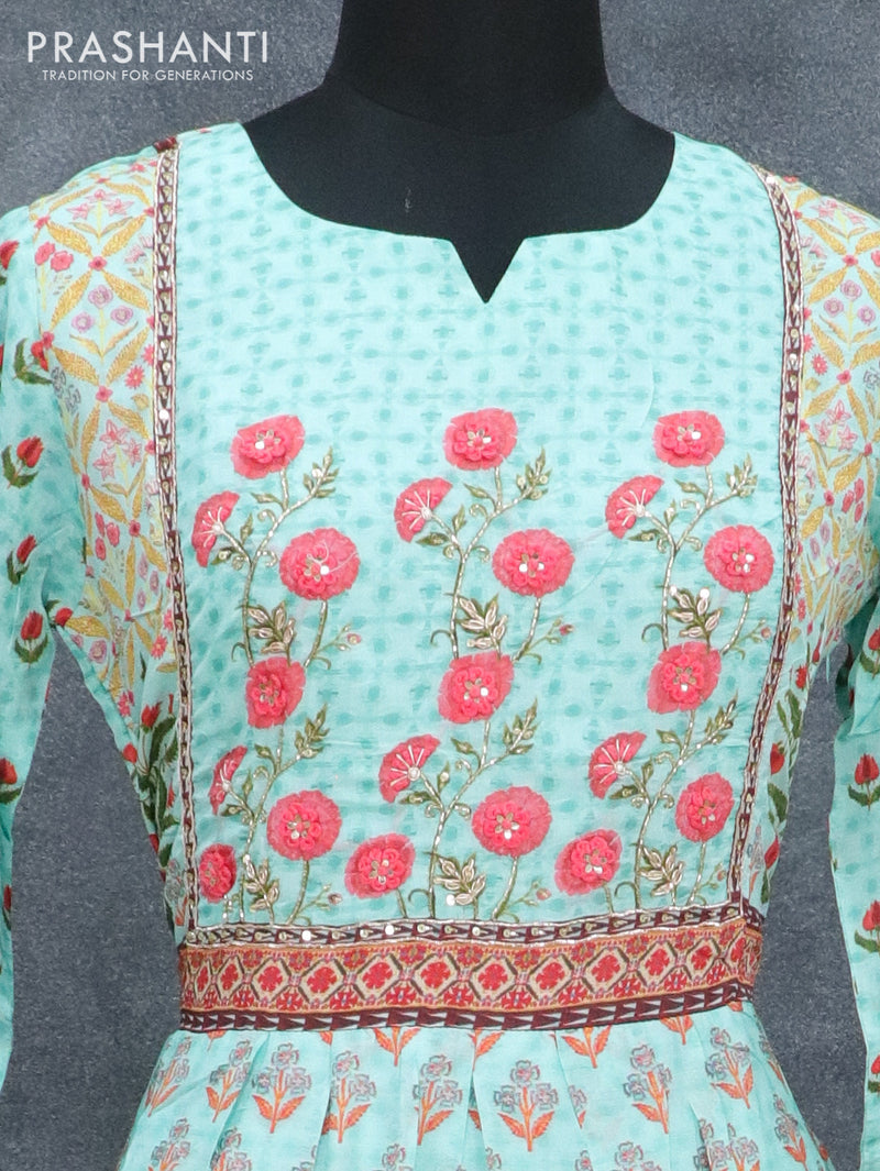 Pure muslin readymade umbrella kurti teal green with allover prints & embroidery neck pattern without pant