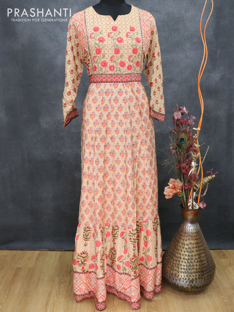 Pure muslin readymade umbrella kurti sandal with allover prints & embroidery neck pattern without pant