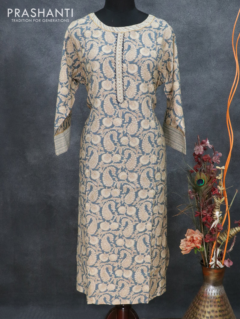 Pure muslin readymade kurti bluish grey and beige with allover prints & beaded neck pattern and straight cut pant