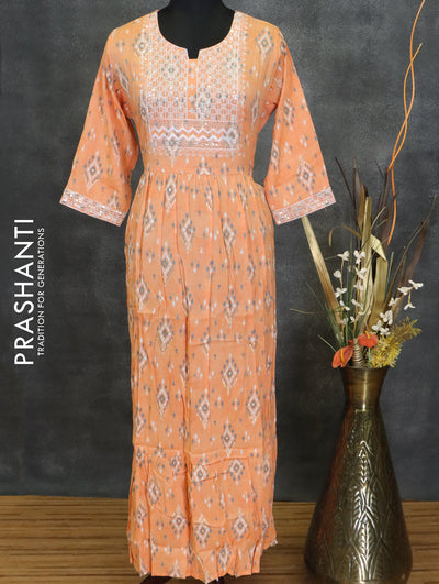 Slub cotton readymade umberlla kurti pale orange with chamki embroided neck pattern