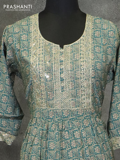Modal readymade umberlla kurti green with chamki embroided neck pattern