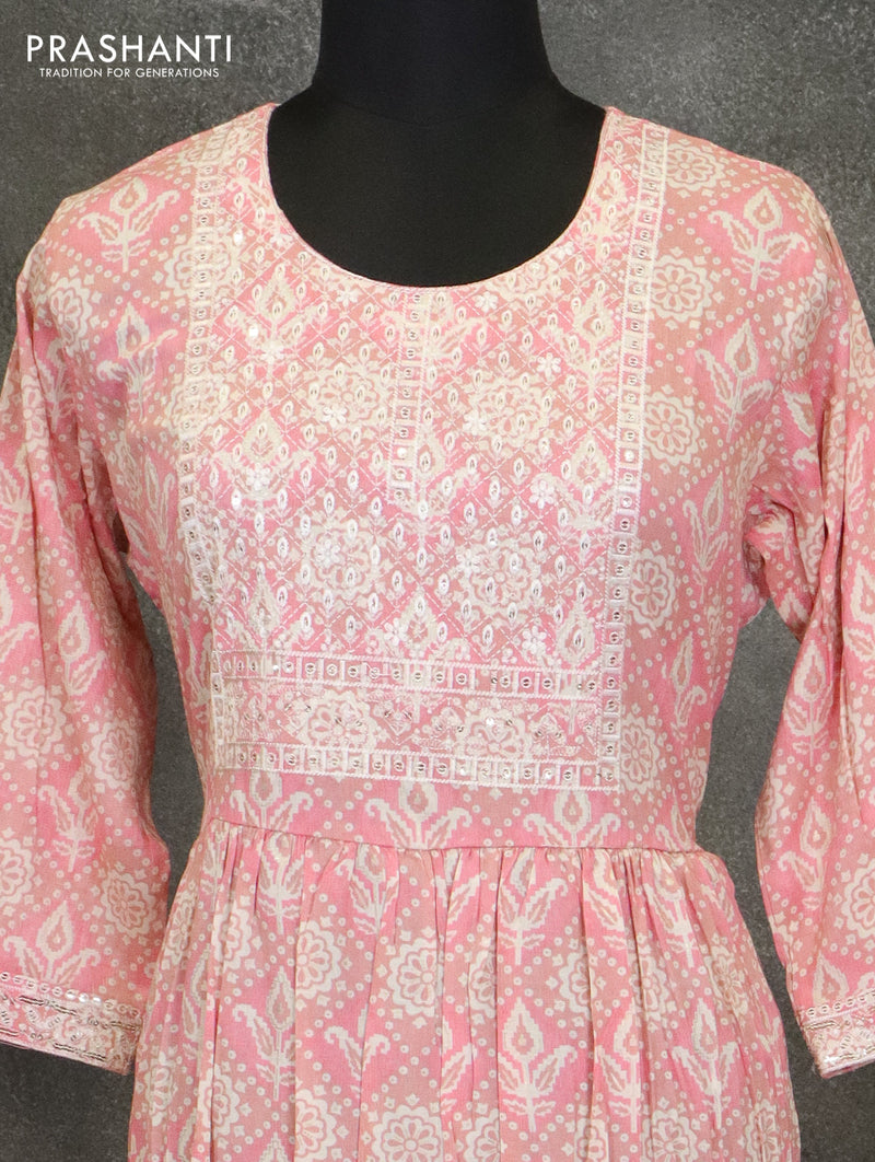 Slub cotton readymade kurti pink with chamki embroided neck pattern