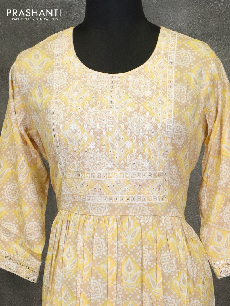 Slub cotton readymade umberlla kurti yellow and beige with chamki embroided neck pattern