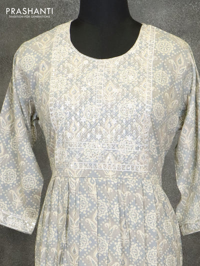 Slub cotton readymade kurti grey with chamki embroided neck pattern