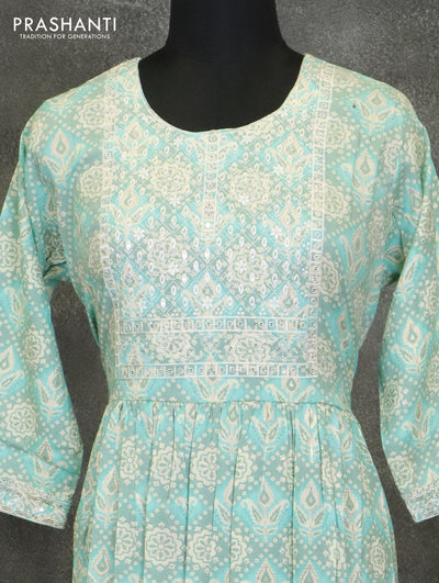 Slub cotton readymade kurti pastel green shade with chamki embroided neck pattern