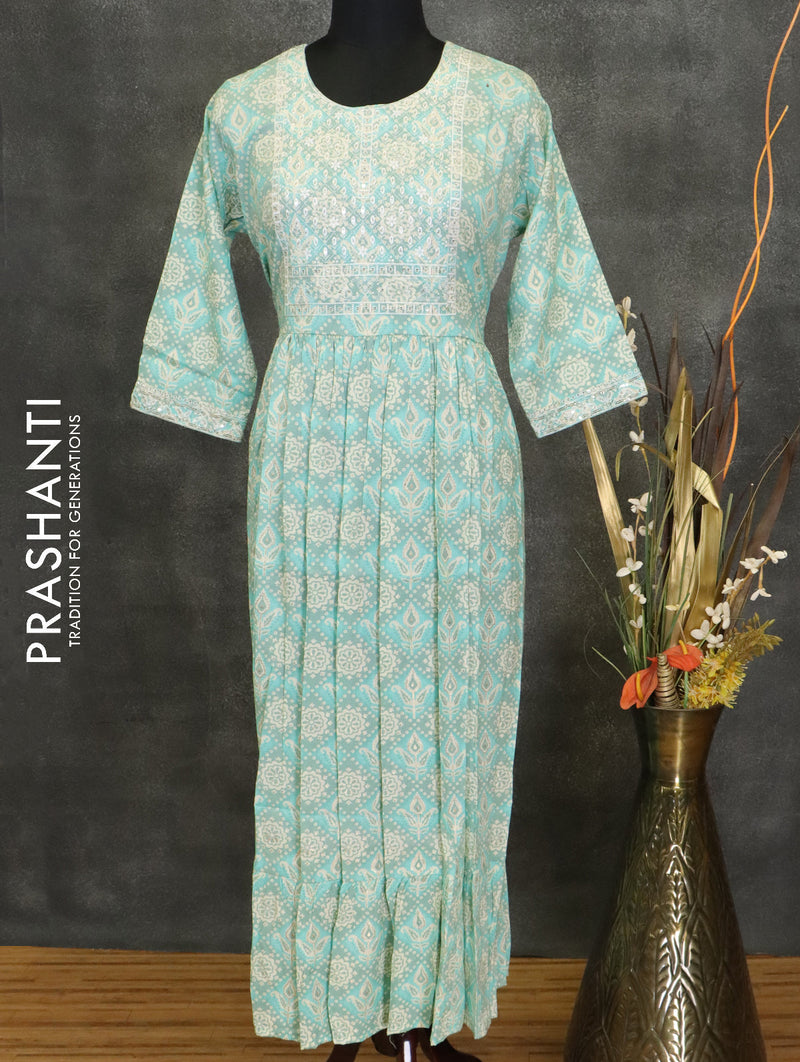 Slub cotton readymade kurti pastel green shade with chamki embroided neck pattern