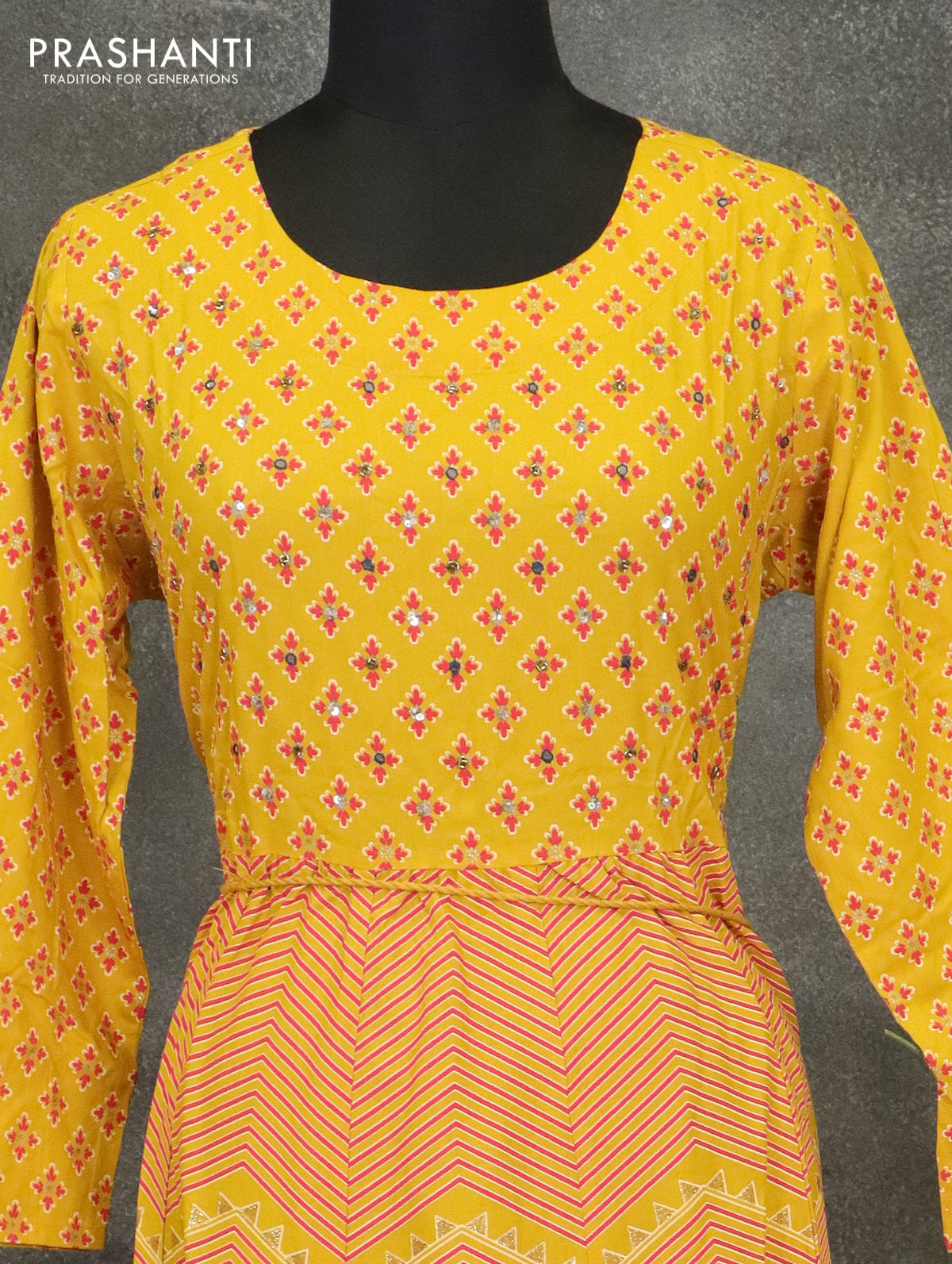 Cotton readymade anarkali kurti yellow with mirror chamki beaded neck pattern
