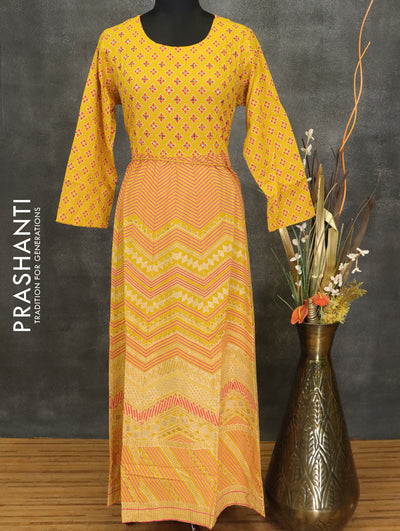 Cotton readymade anarkali kurti yellow with mirror chamki beaded neck pattern