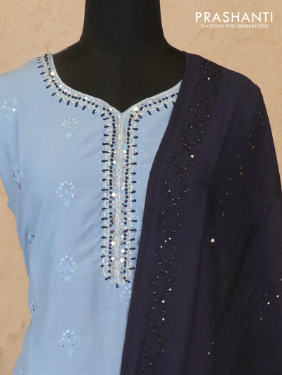 Modal readymade kurti blue shade with embroided mirror neck pattern and straight cut pant & dupatta