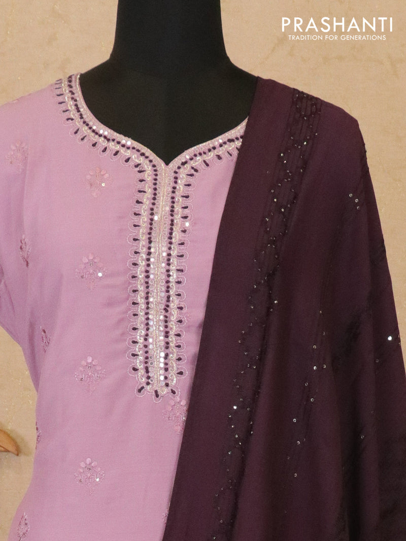 Modal readymade kurti mild purple with embroided mirror neck pattern and straight cut pant & dupatta