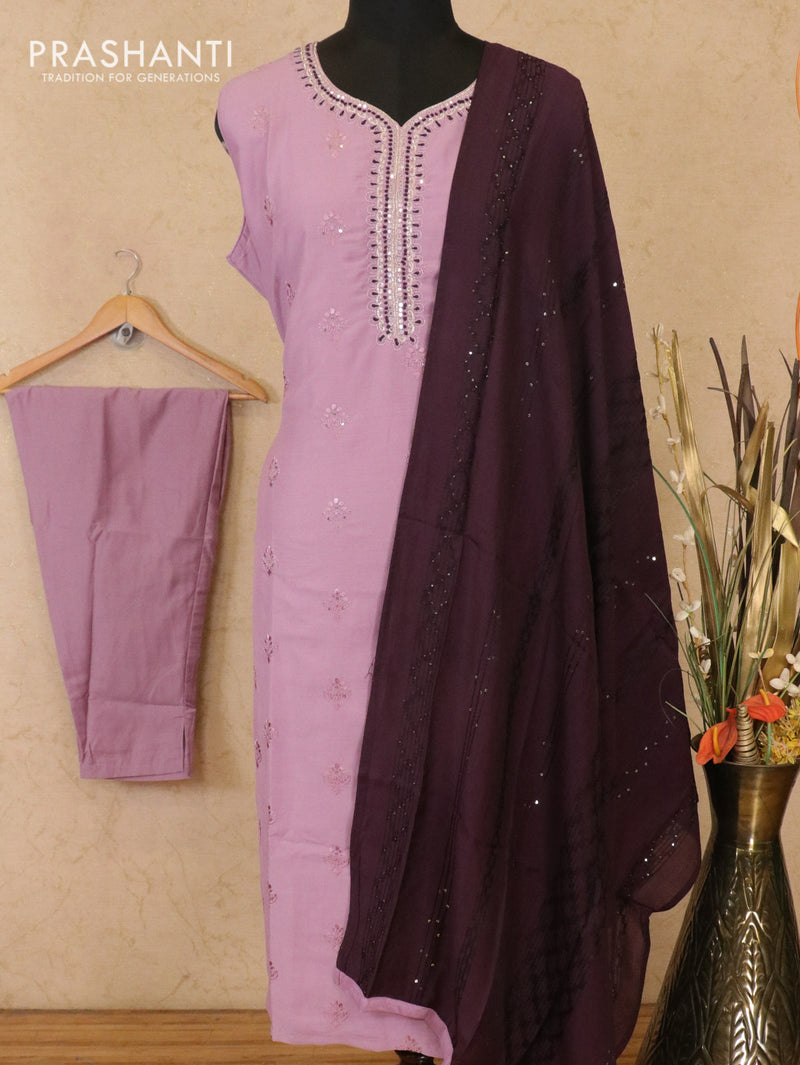 Modal readymade kurti mild purple with embroided mirror neck pattern and straight cut pant & dupatta