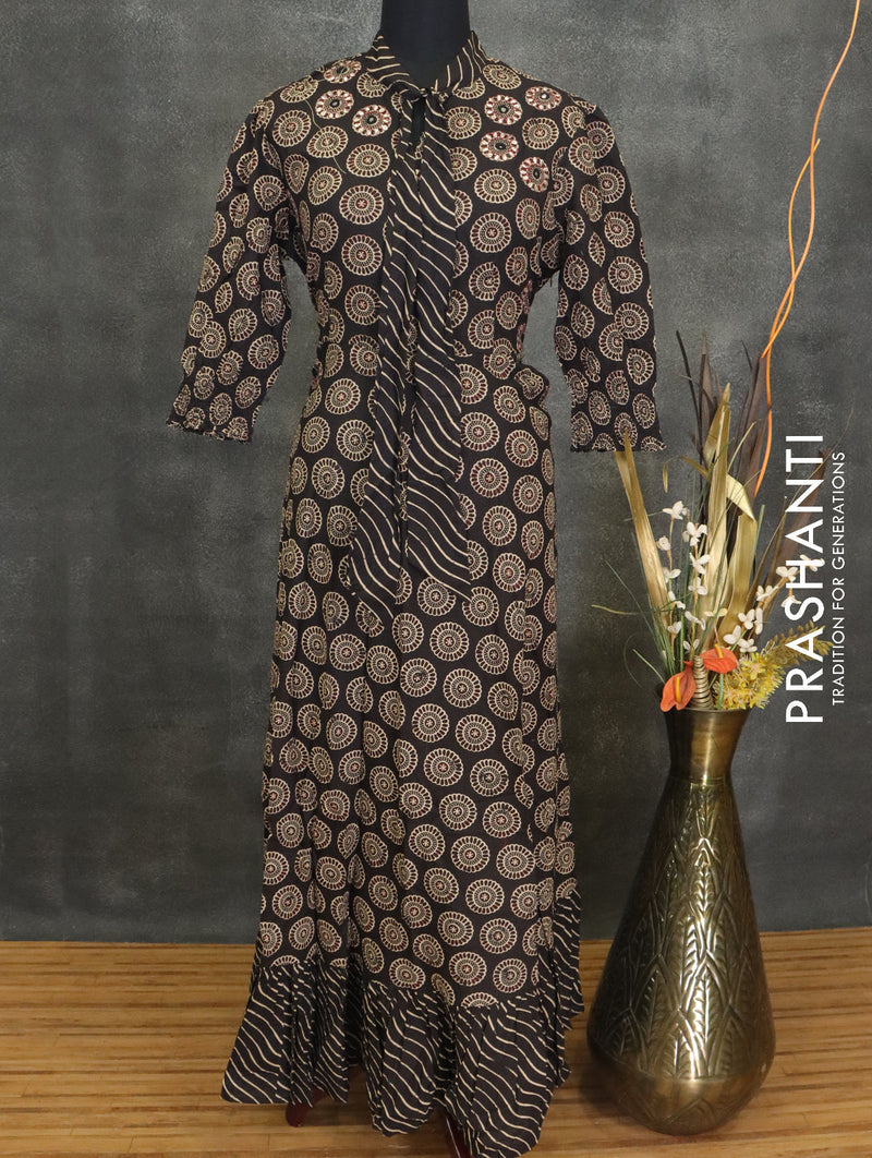 Cotton readymade anarkali kurti black with mirror patch work neck design