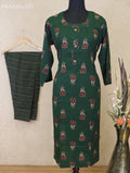 Slub cotton readymade kurti green with floral butta prints & patch work neck pattern and straight cut pant