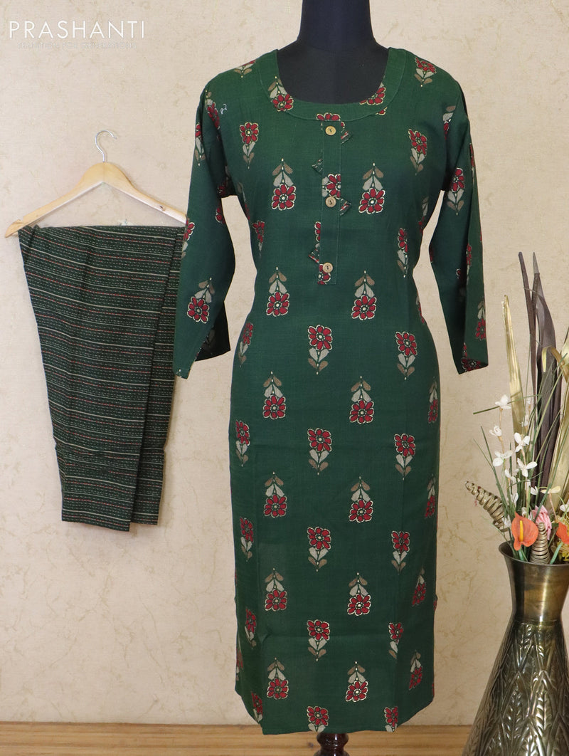 Slub cotton readymade kurti green with floral butta prints & patch work neck pattern and straight cut pant