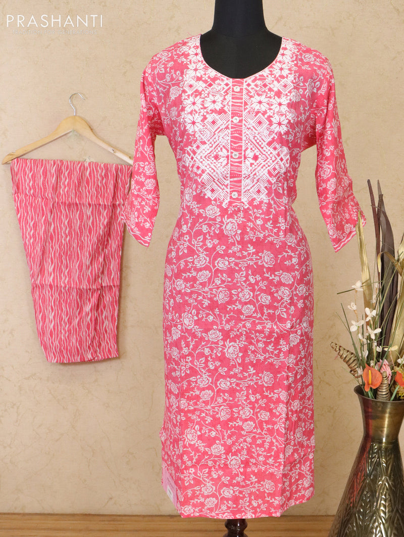 Muslin readymade kurti pink with embroidery patch work neck pattern and straight cut pant