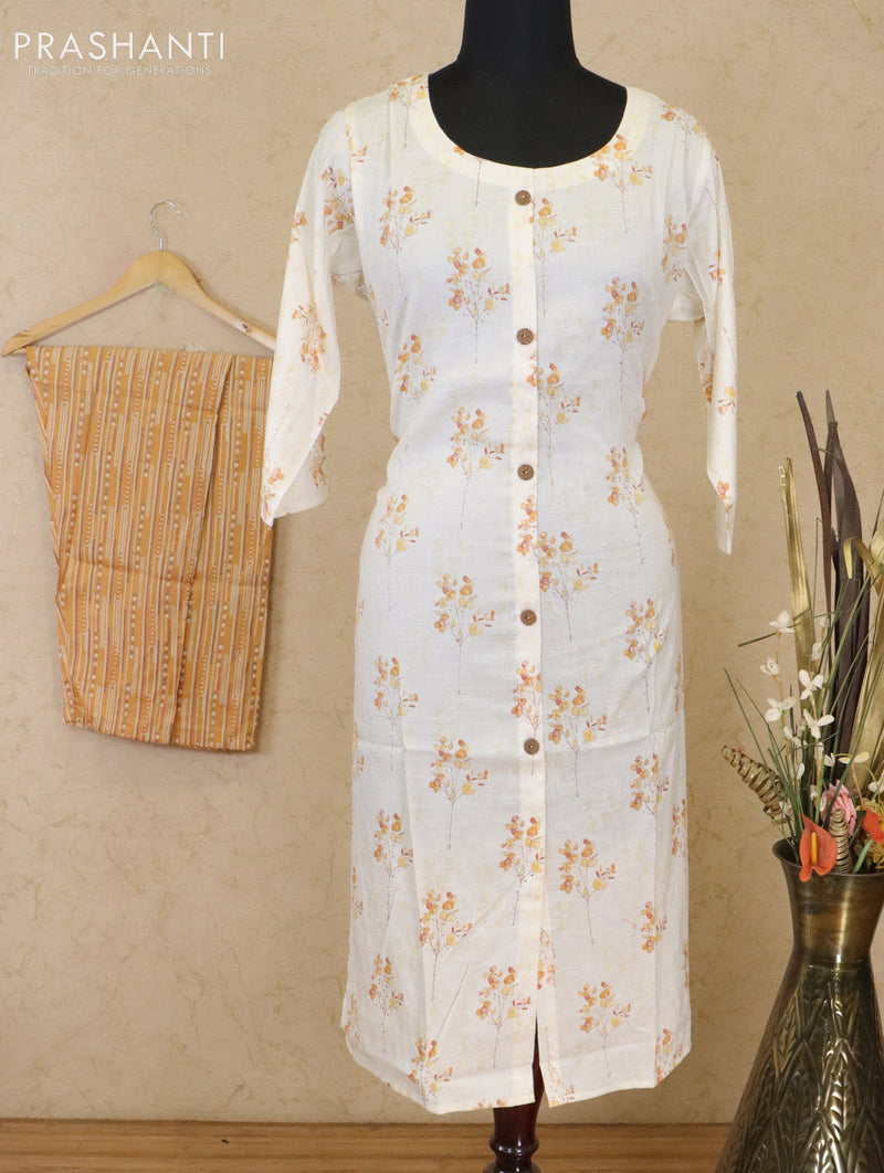 Slub cotton readymade kurti off white and mustard with allover prints and straight cut pant
