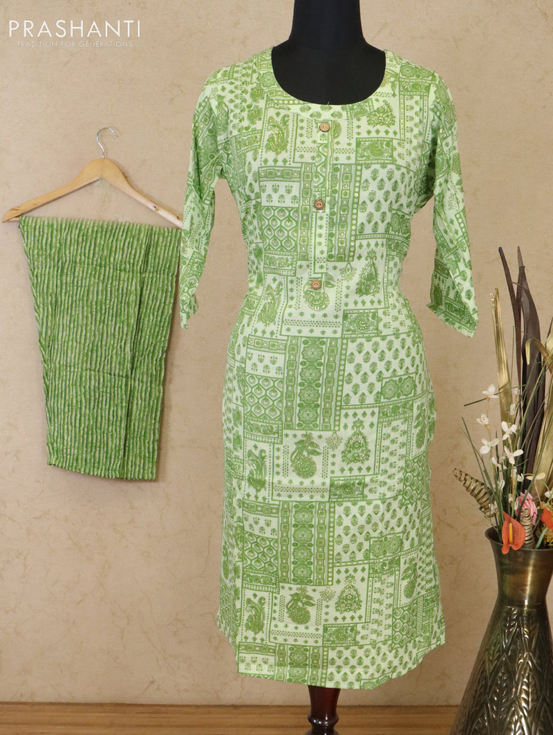 Slub cotton readymade kurti green shade with allover prints & patch work neck pattern and straight cut pant
