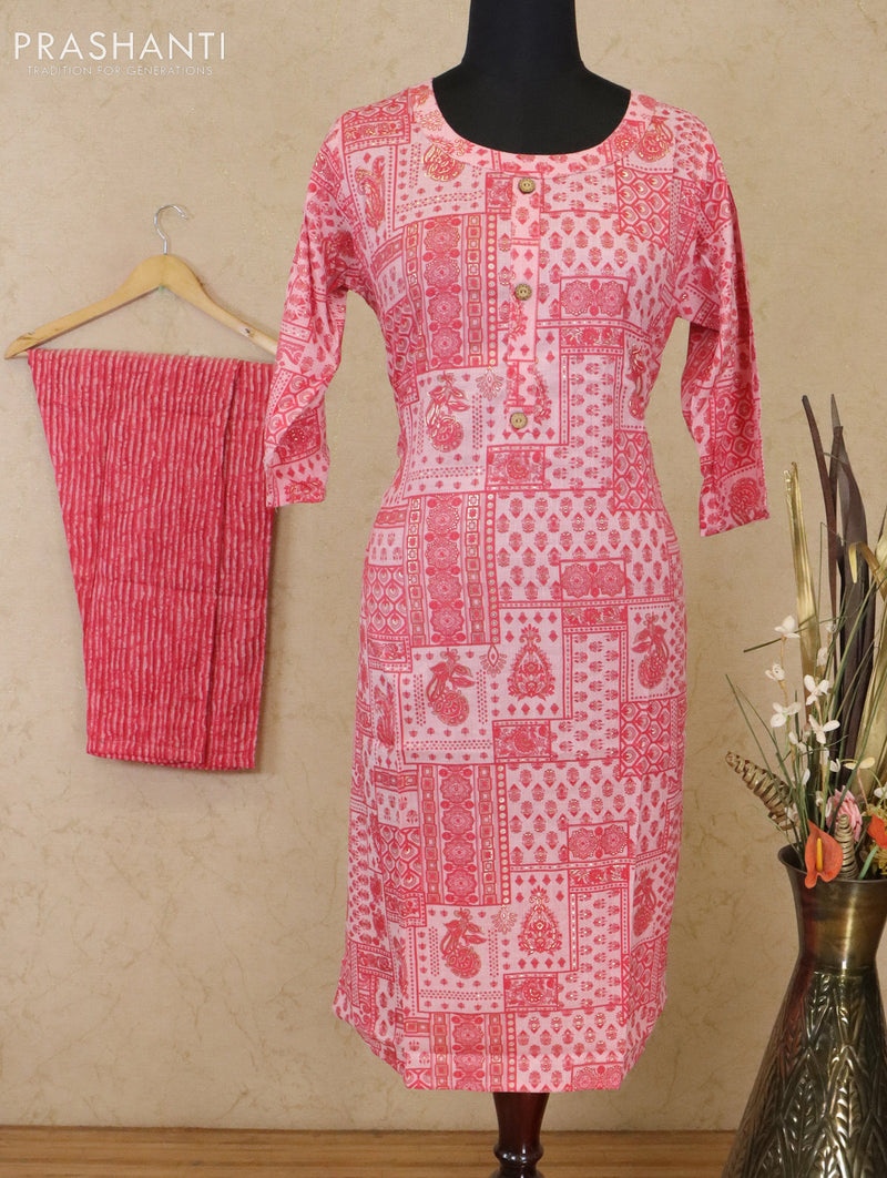 Slub cotton readymade kurti light pink and pink with allover prints & patch work neck pattern and straight cut pant