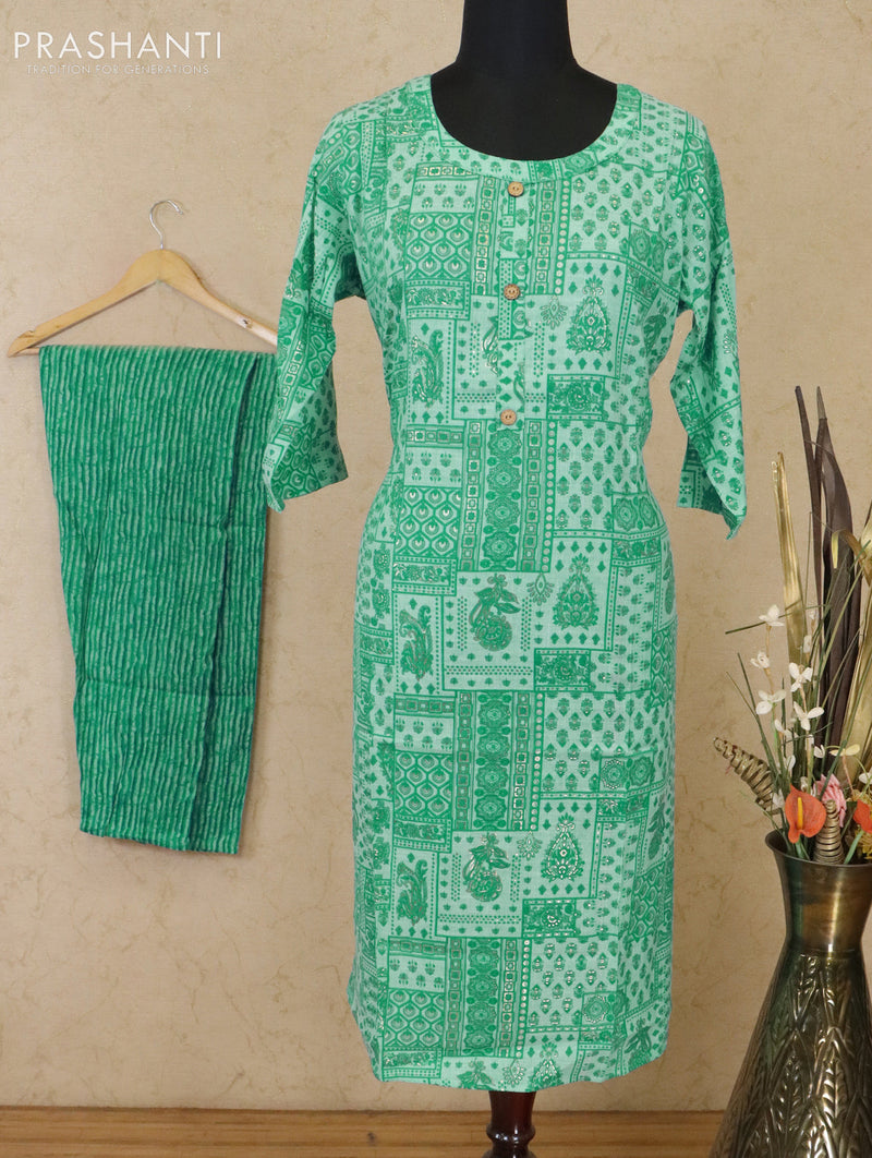 Slub cotton readymade kurti teal green with allover prints & patch work neck pattern and straight cut pant