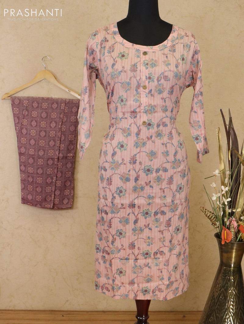 Slub cotton readymade kurti peach pink with allover prints & patch work neck pattern and straight cut pant