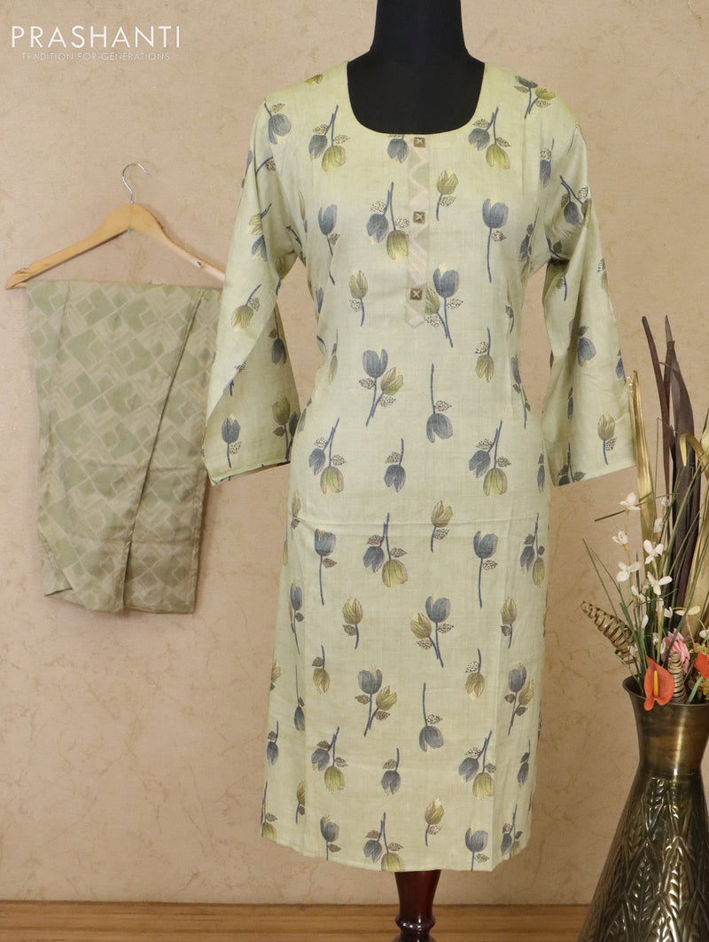 Slub cotton readymade kurti mild pista green with floral butta prints & patch work neck pattern and straight cut pant