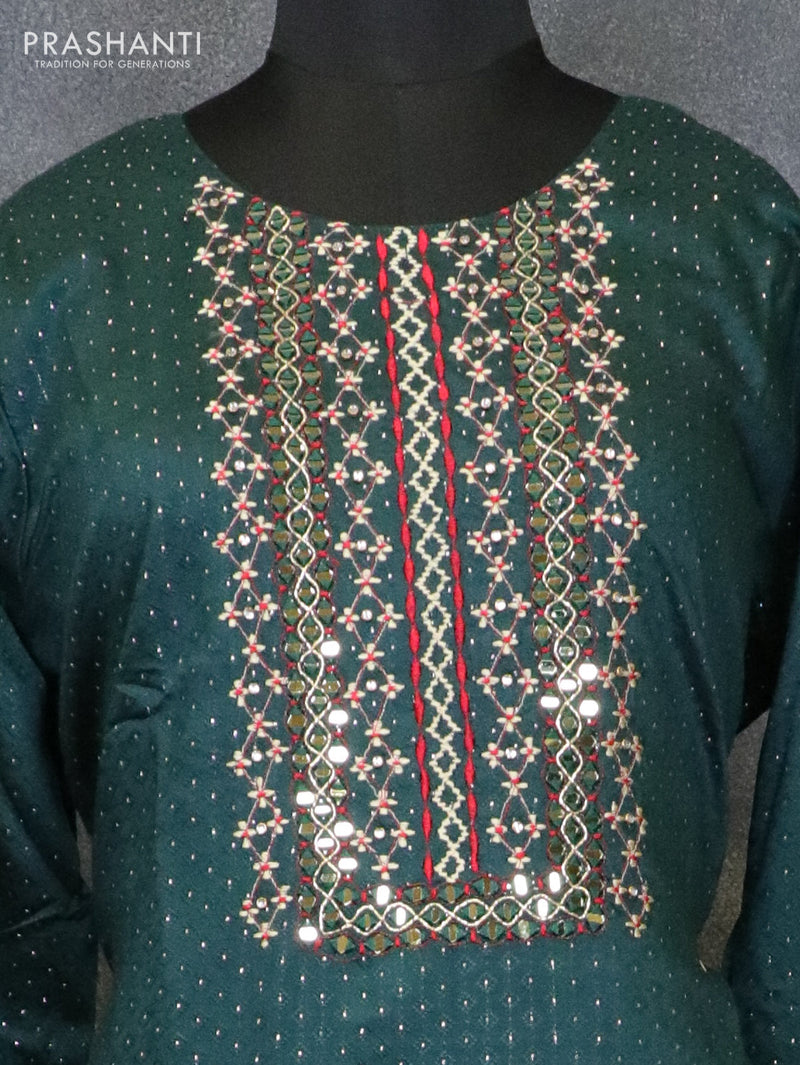 Semi cotton readymade kurti dark green and with embroided and mirror work neck pattern