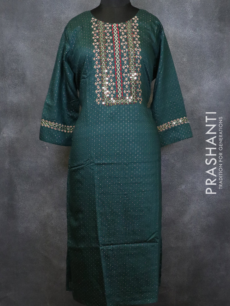 Semi cotton readymade kurti dark green and with embroided and mirror work neck pattern