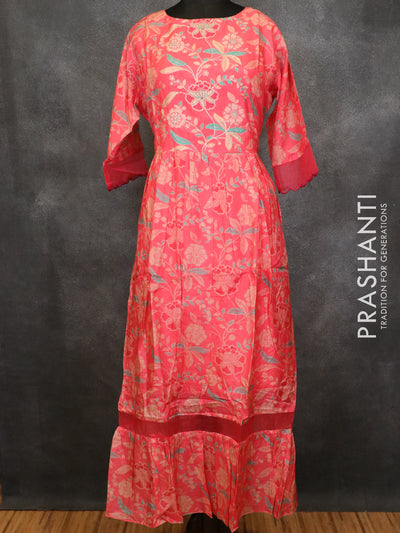 Silk readymade umberlla kurti pink and with allover prints and embroided neck pattern
