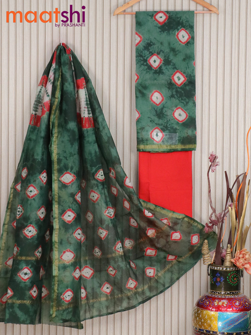 Pure chanderi dress material green and red with allover batik prints and small zari woven border