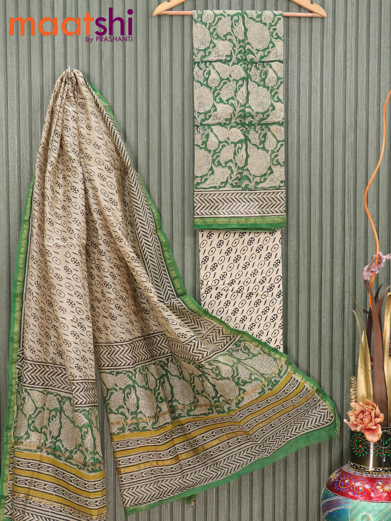 Pure chanderi dress material green and beige with allover prints and small zari woven border